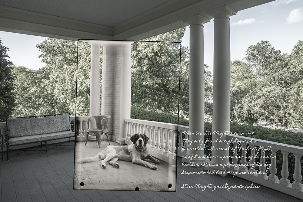 Orville Wright's dog Scipio on porch at Hawthorn Hill in Oakwood Ohio Wright Brothers Then and Now series by Dan Claery