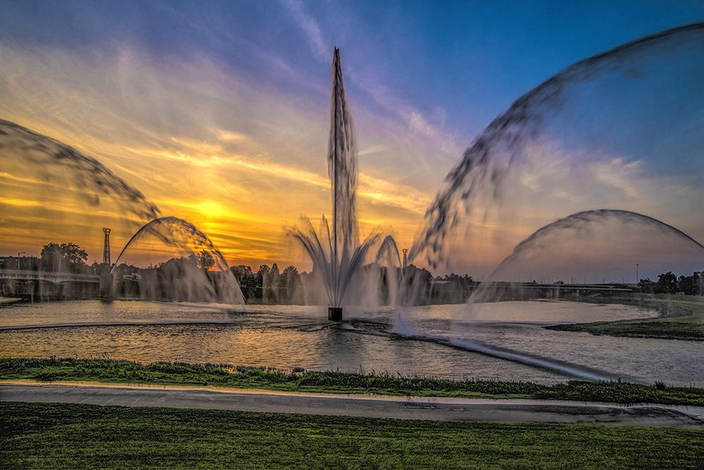 Downtown Dayton Fountains At Sunset by Dan Cleary