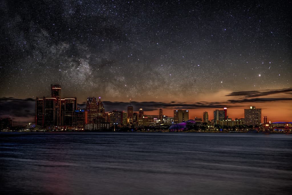 Detroit Skyline at night with stars by Dan cleary