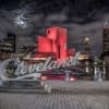 Cleveland skyline at night with red Rock and Roll Hall of fame bulding
