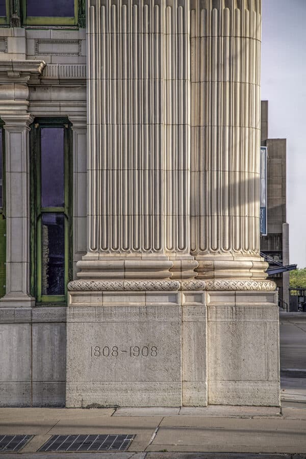 fine art photograph of old Dayton Daily News building column in the morning at Fourth and Ludlow Streets in Dayton, Ohio