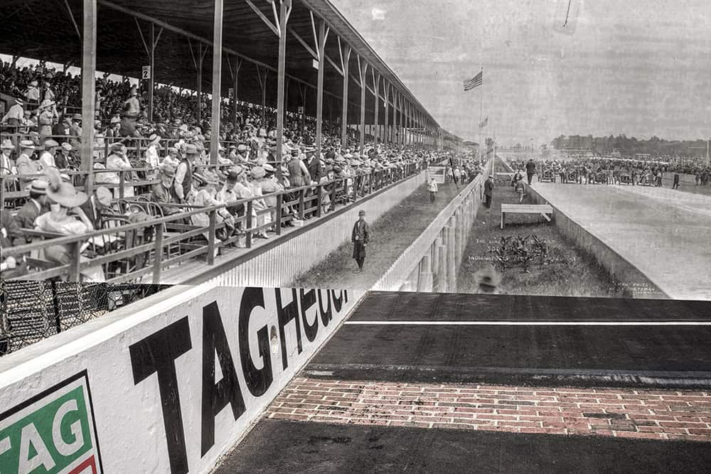 A then-and-now composite photograph from Dan Cleary’s Indianapolis 500 Then and Now series showing the 1911 race crowd and grandstands at Indianapolis Motor Speedway blended with the modern brick start-finish line and track wall featuring the TAG Heuer logo.