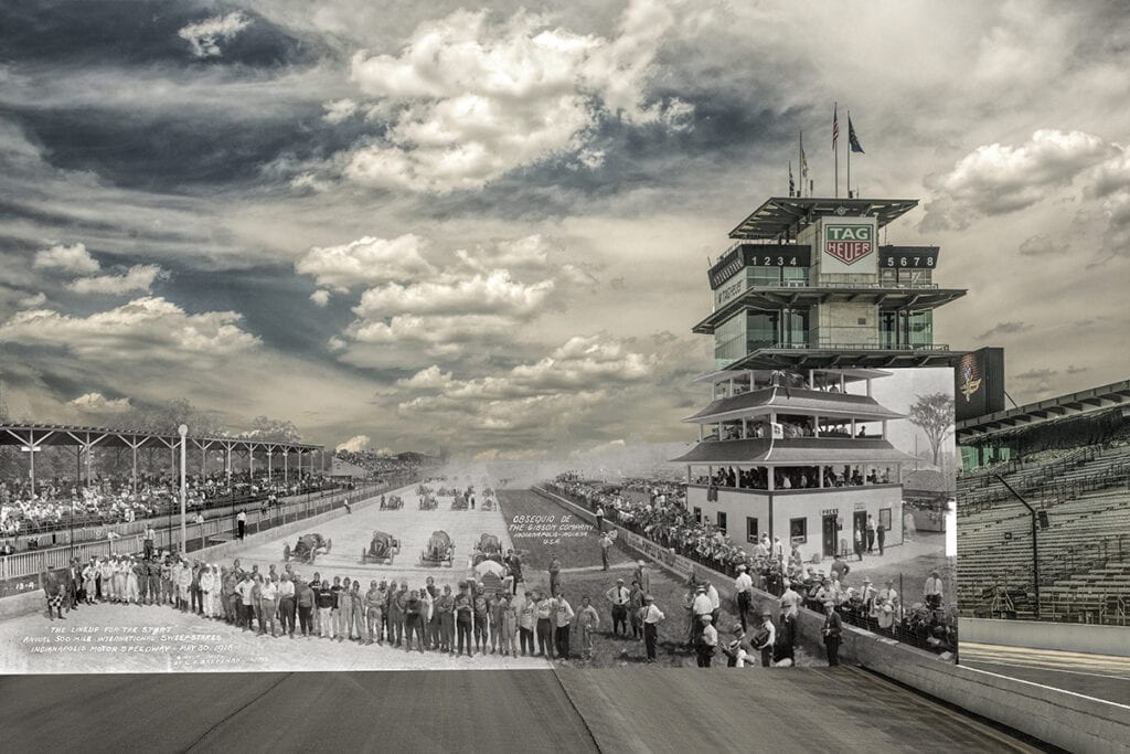 A then-and-now composite photograph by Dan Cleary showing the 1913 Indianapolis 500 starting lineup, with vintage race cars, drivers, and spectators blended into the modern Indianapolis Motor Speedway, including the pagoda, grandstands, and dramatic cloud-filled sky.