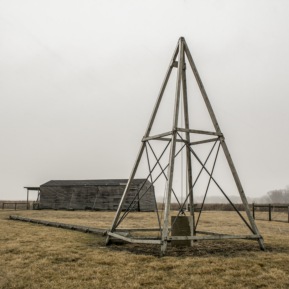 Wright Brothers catapult and plane storage bard at Huffman Prairie
